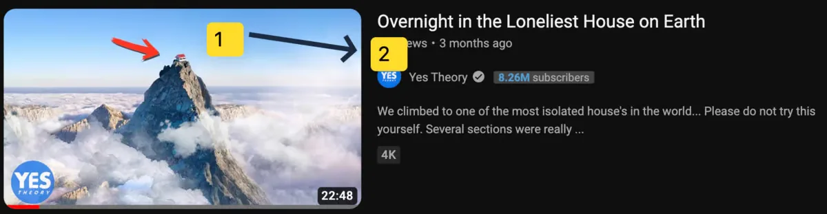 Yes Theory's 'Overnight in the Loneliest House on Earth' search result, numbered to show the eye moving from thumbnail (1) to title (2).