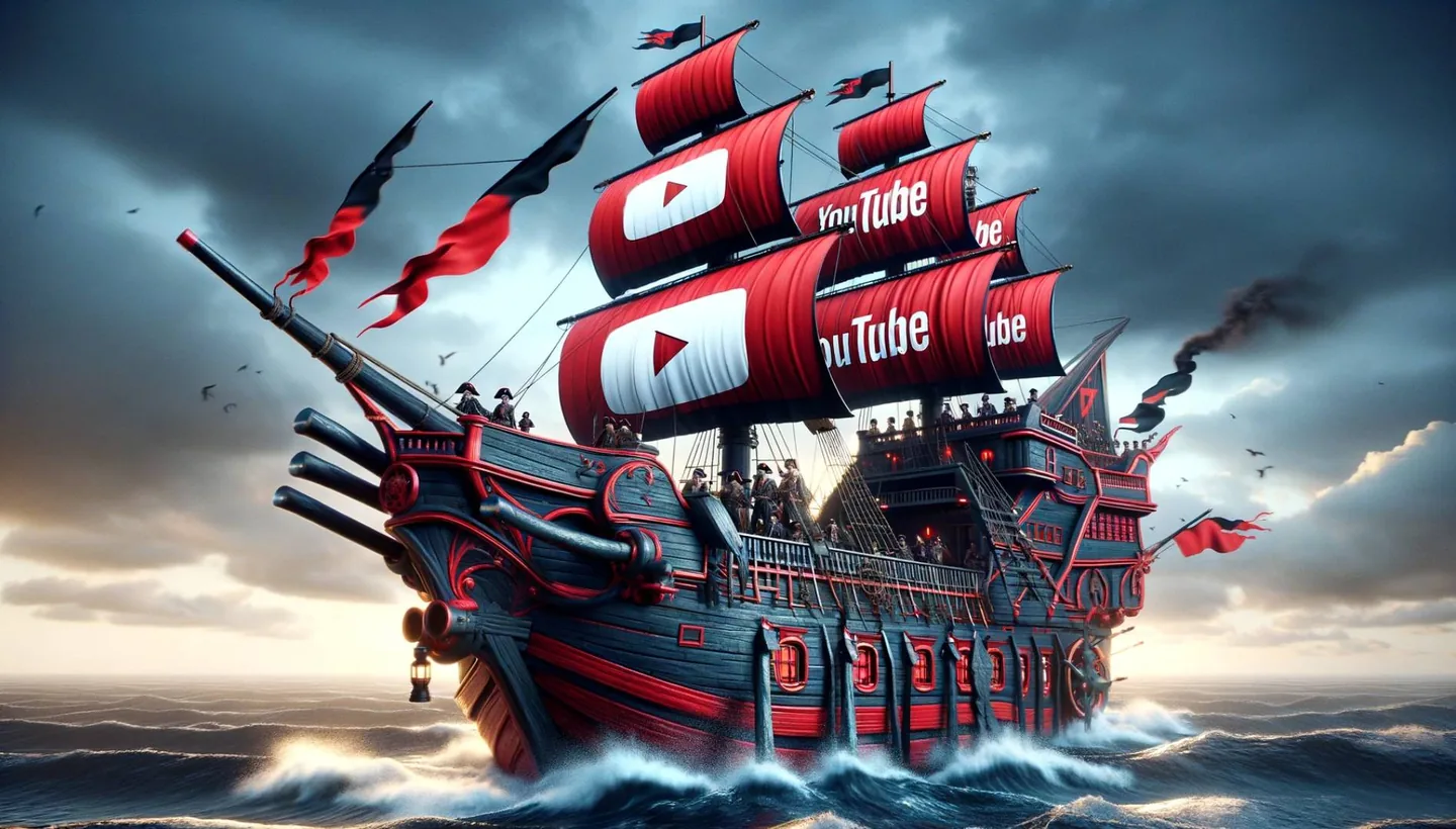 Illustration of a pirate ship with red YouTube-logo sails on a stormy sea, the article's metaphor for the platform.