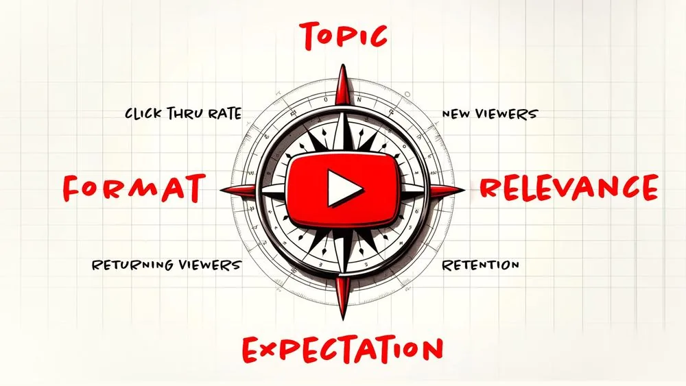 Compass with a YouTube logo at center pointing to Topic, Relevance, Expectation and Format, ringed by click-through rate, new viewers, retention and returning viewers.