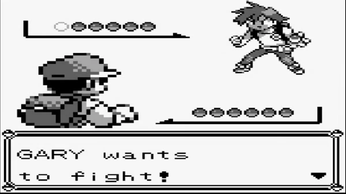 Game Boy Pokémon battle screen reading 'GARY wants to fight!' as the player faces his rival.