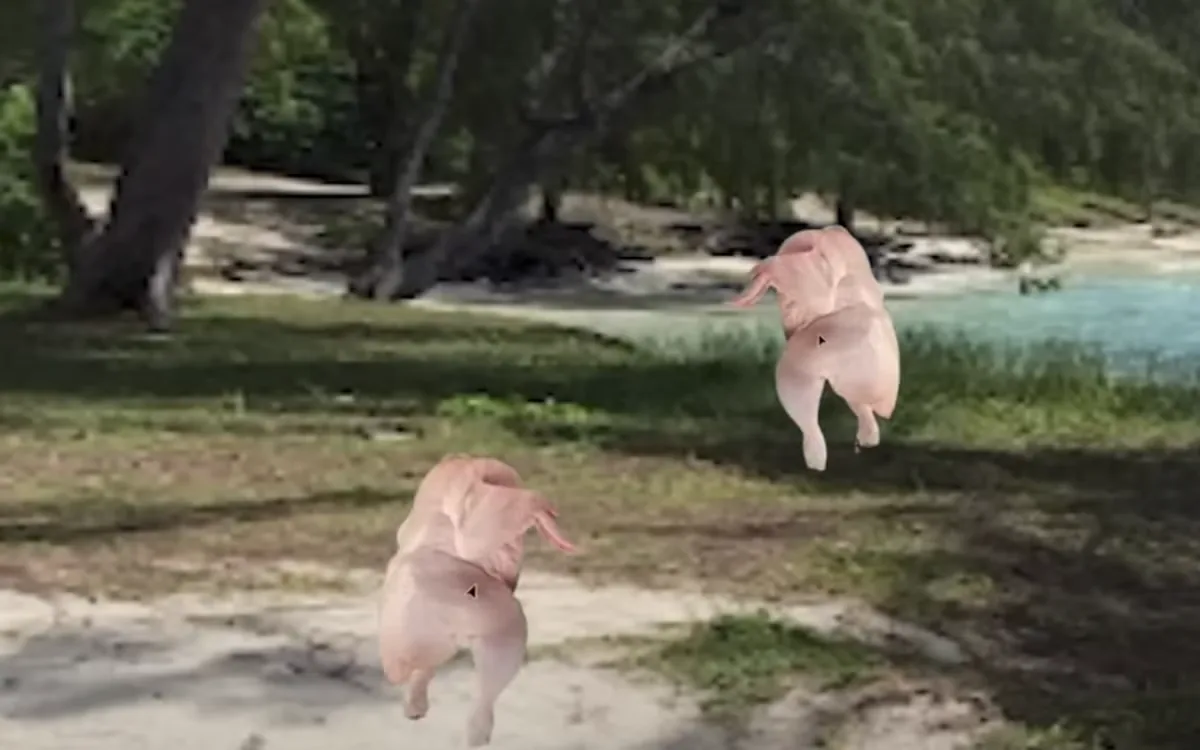 Video frame of two pink, featherless dodo cutouts running through a lakeside park, matching the narration 'giant, walking meat bags'.