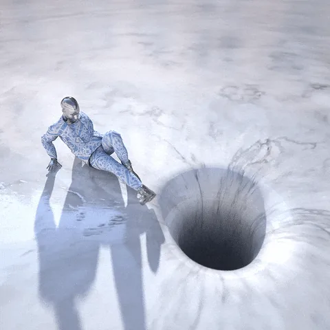 Render of a figure in a patterned suit sliding toward a deep hole in a white floor, a visual for the pull of an open loop.